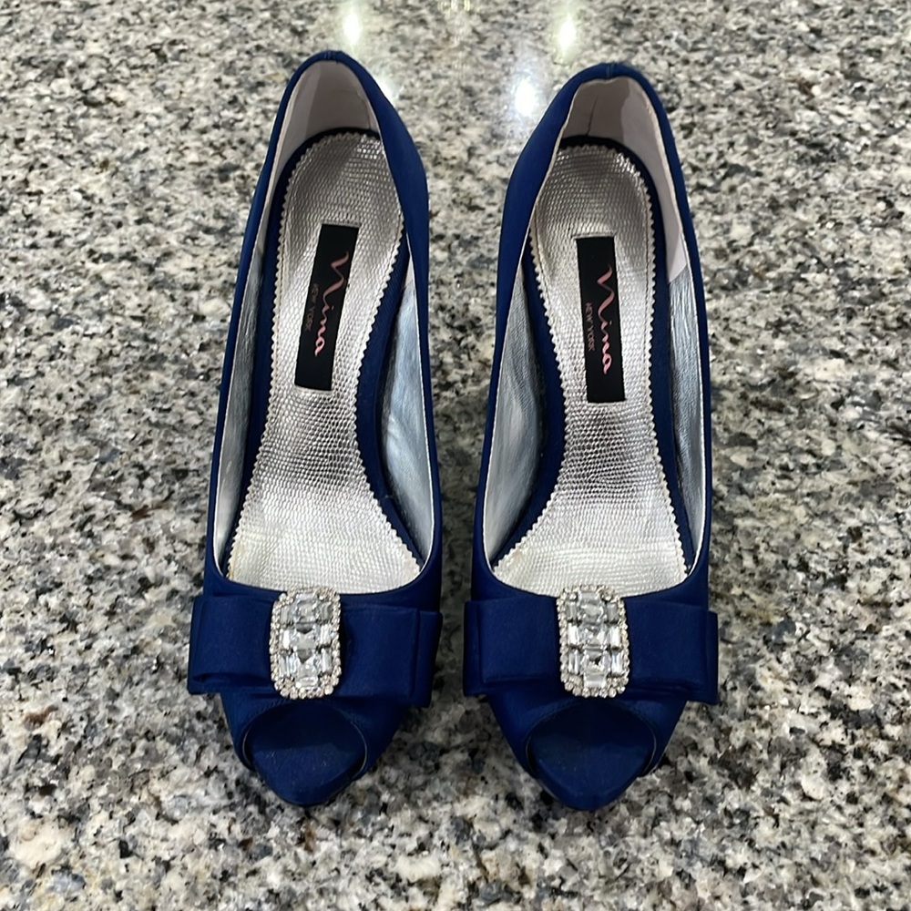 Nina Blue Satin Peep Toe Heels - Picture 2 of 11